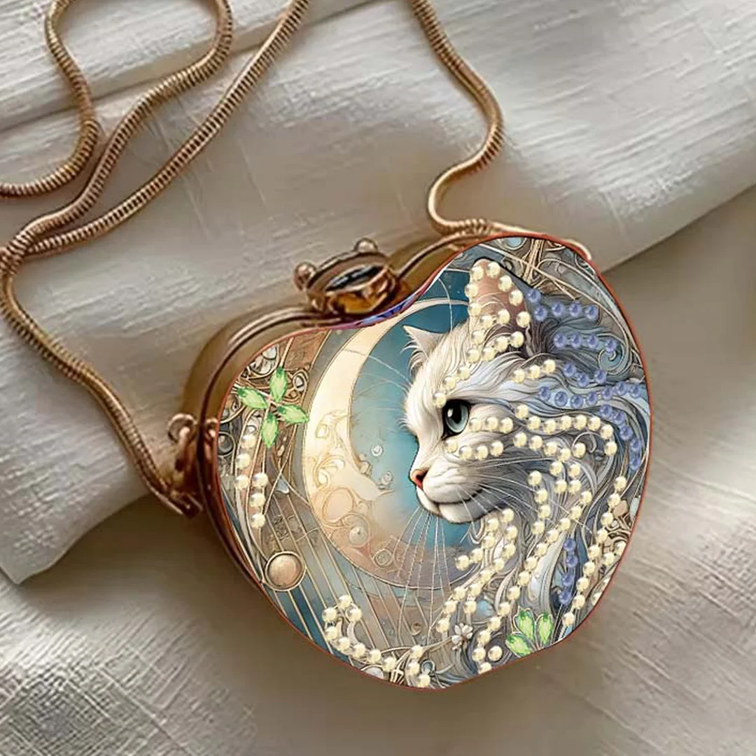 Cat Moon DIY Acrylic Love Diamond Art Painting Card Case Wallet with Chain Small Diamond Painting Crossbody Bag for Adults Women Girls Gift