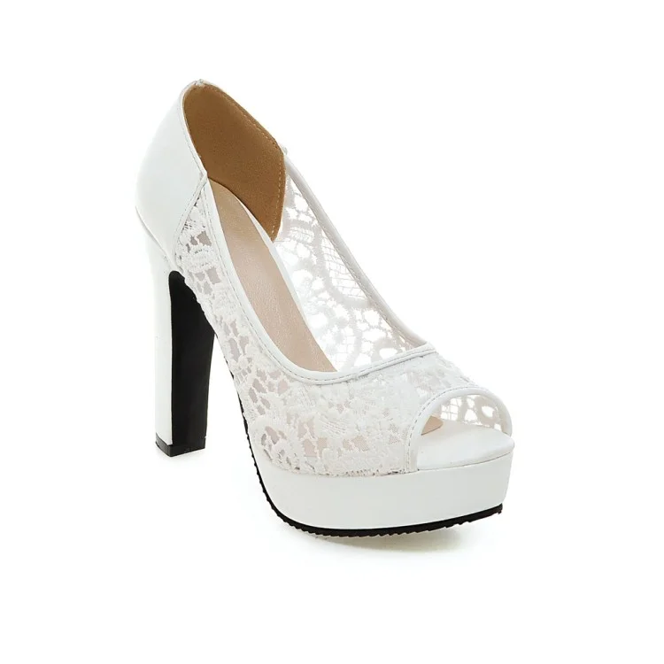 White Lace Peep Toe Platform Chunky Heel Wedding Pumps Vdcoo