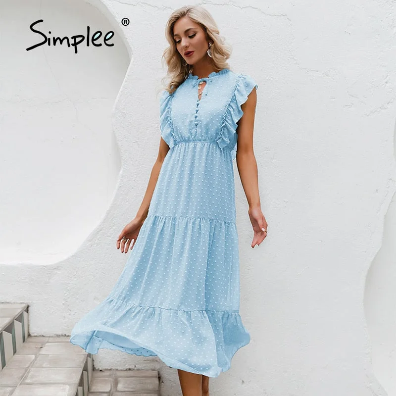 Simplee Summer Loose Casual Ruffled Women's Dress 2021 Holiday Beach Green Buttoned Long Dress Elegant Lady Sleeveless Vestidos