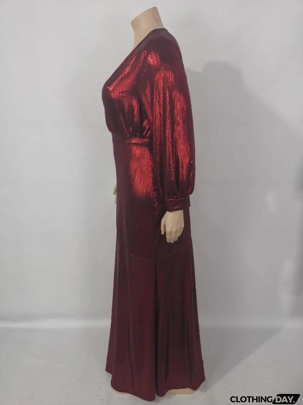 Autumn Plus Size Red Shiny V-neck Puff Sleeve Evening Gown