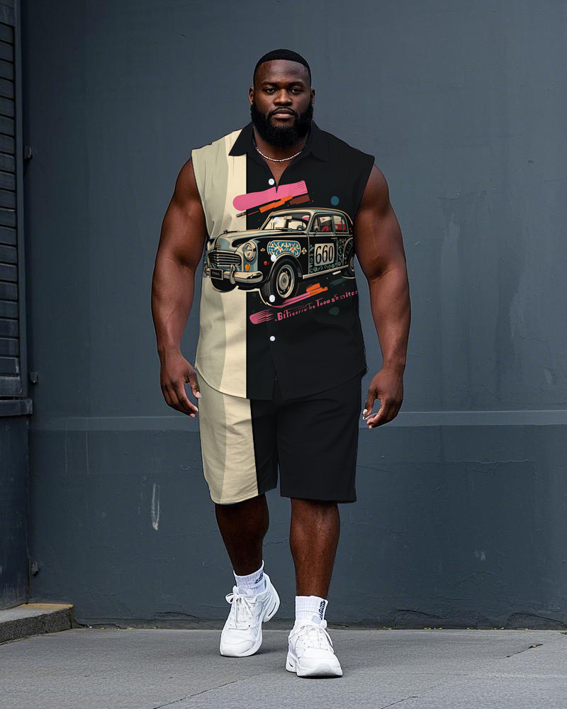 Big Men's Splicing Color Block Car Printed Casual Sleeveless Shirt and Shorts Set