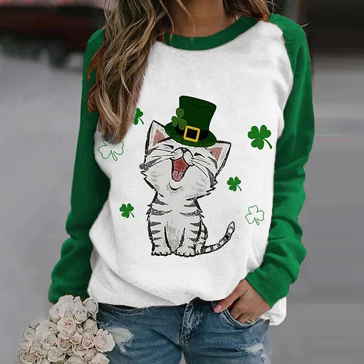 Comstylish Women's Cute Cat Lucky St. Patrick's Day Print Casual Sweatshirt
