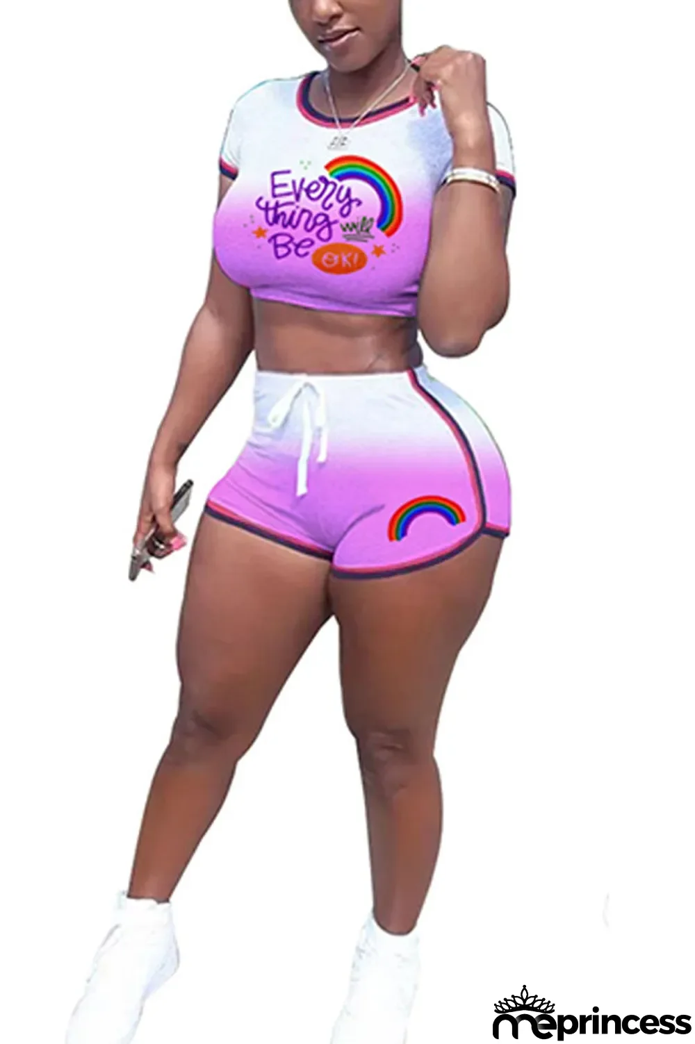 rose red Polyester Fashion Casual Print Two Piece Suits Straight Short Sleeve Two Pieces