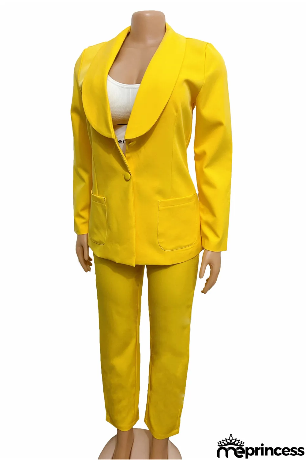 Yellow Fashion Casual Solid Cardigan Pants Turn-back Collar Long Sleeve Two Pieces