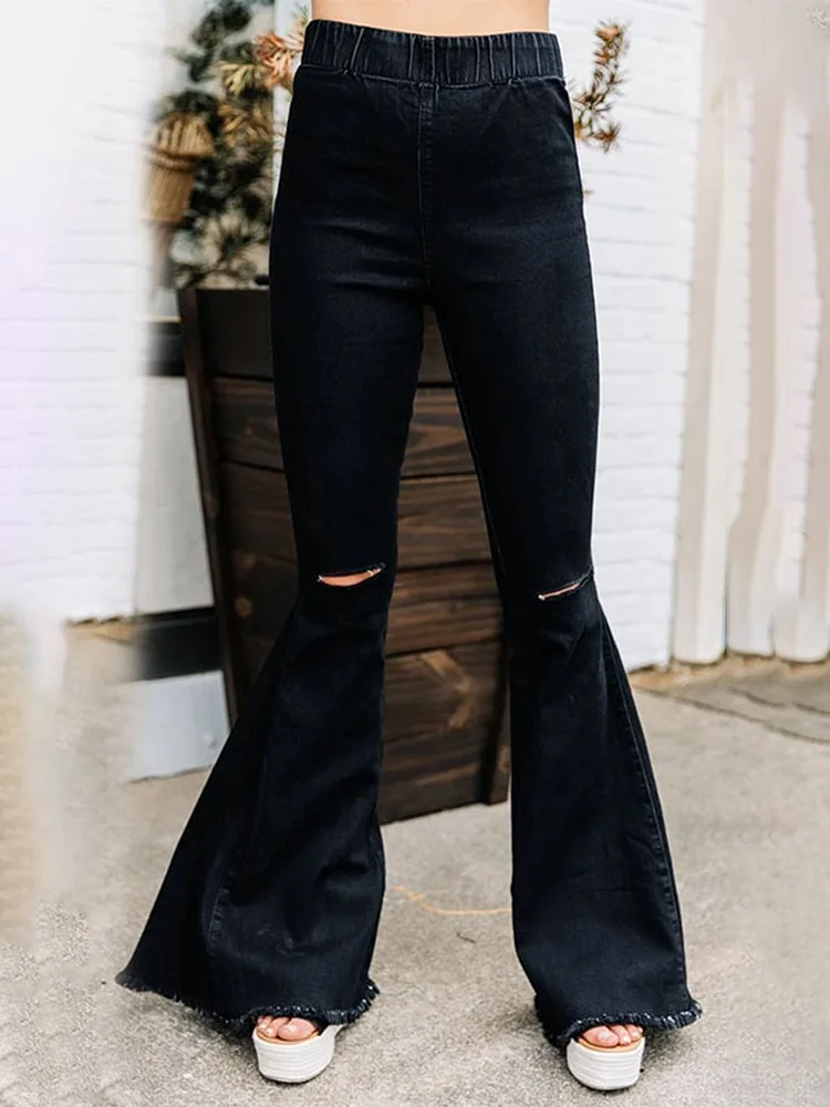 High-rise Ripped Loose Wide-leg Flared Jeans