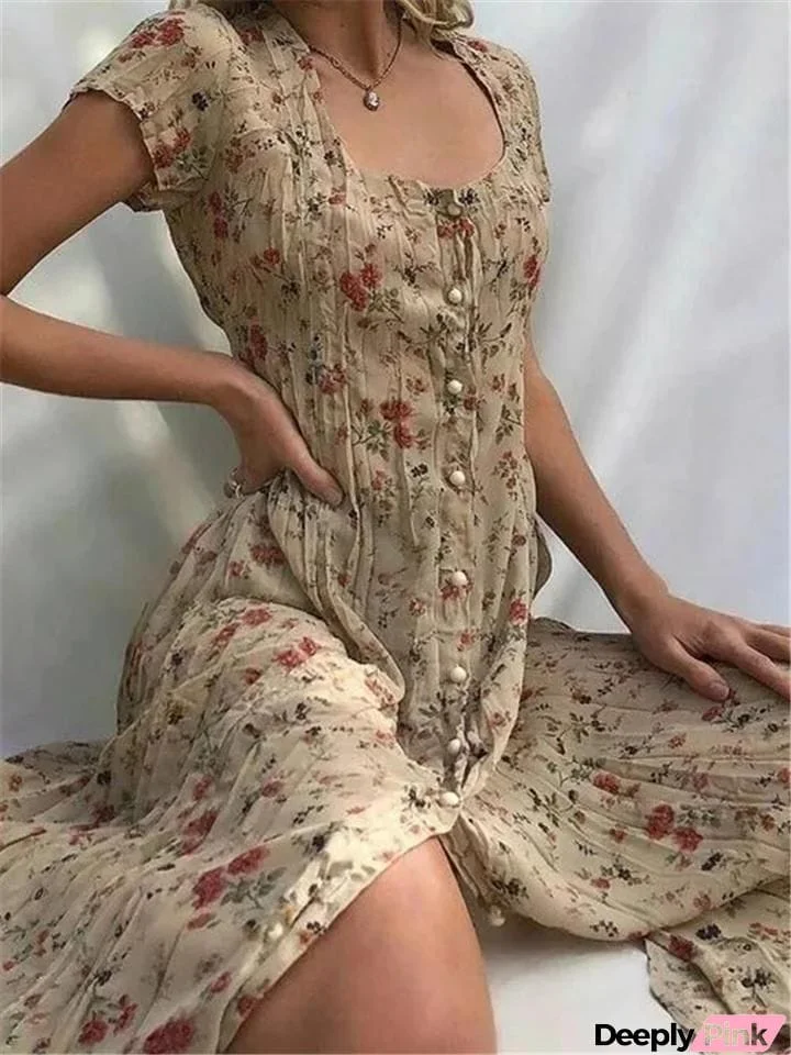 French Flair Elegant Floral Square Neckline Midi Dress