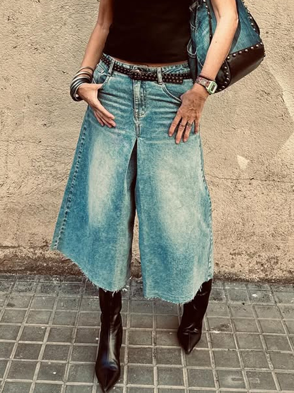 Wide-leg Denim Cropped Trousers hjn Shicloths