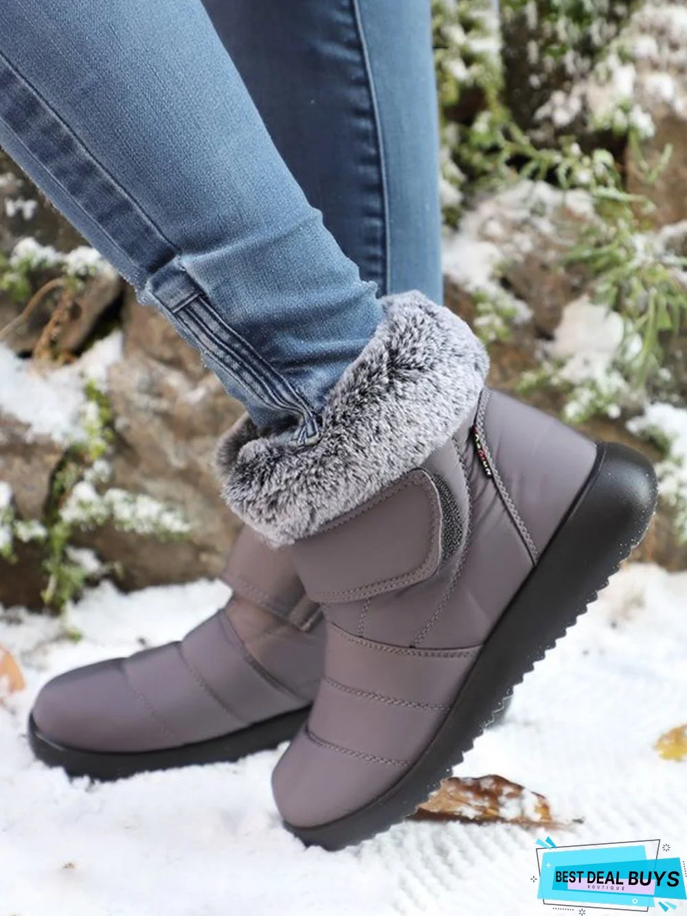 Faux Fur Cuff Snow Boots with Hook and Loop