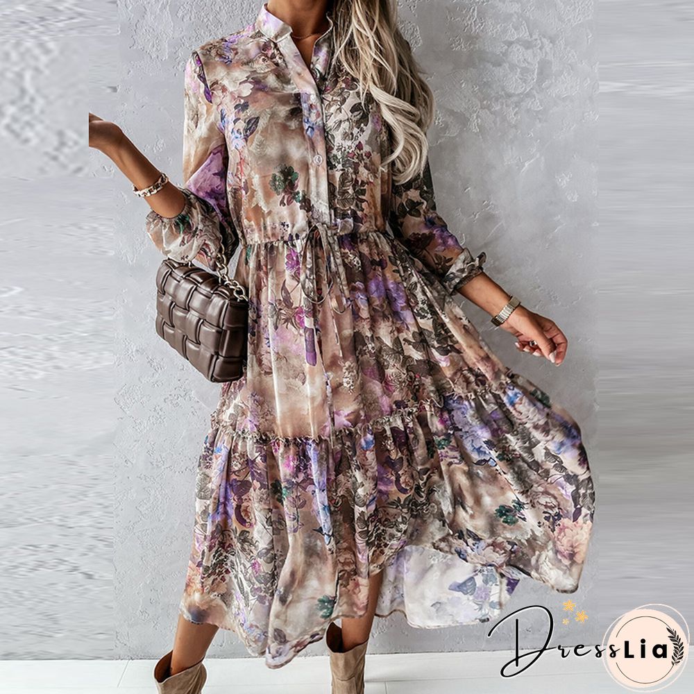Women Casual Print Long Sleeve Dress Autumn Fashion Irregular Slim Dress Office Lady Elegant Button Ruffle Elastic Waist Dresses