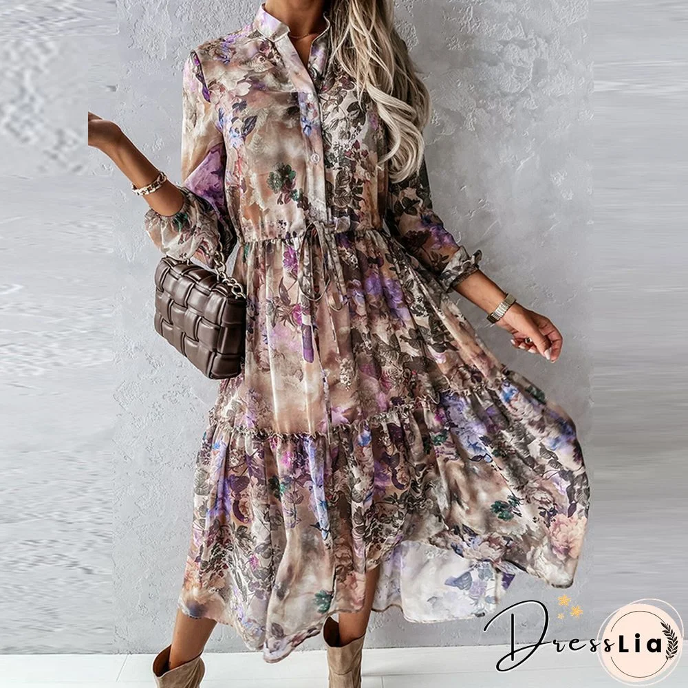 Women Casual Print Long Sleeve Dress Autumn Fashion Irregular Slim Dress Office Lady Elegant Button Ruffle Elastic Waist Dresses