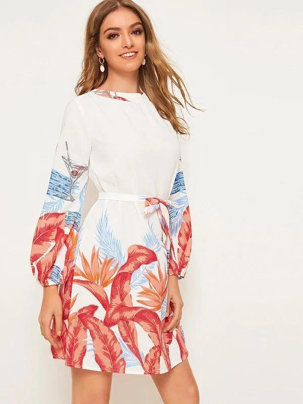 Tropical Print Tie Back Belted Dress