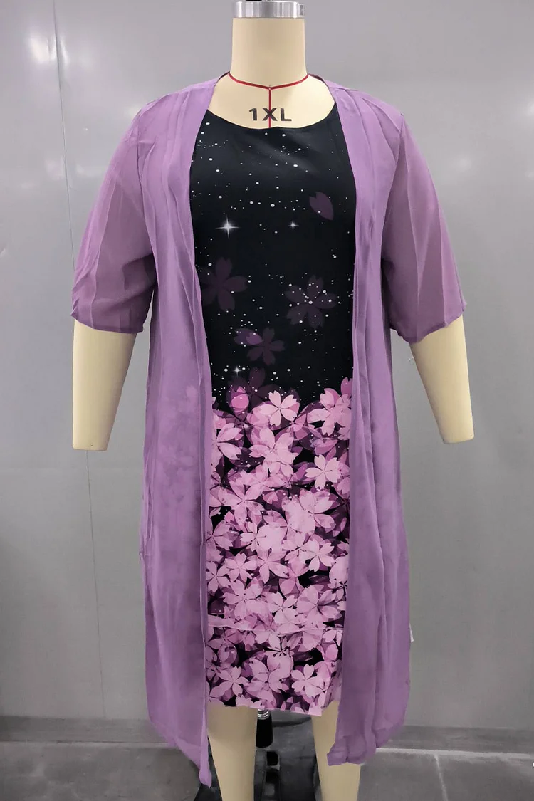 Plus Size Floral Print Layered Round Neck Two Pieces Set Midi Dress FlyCurvy Flycurvy [product_label]
