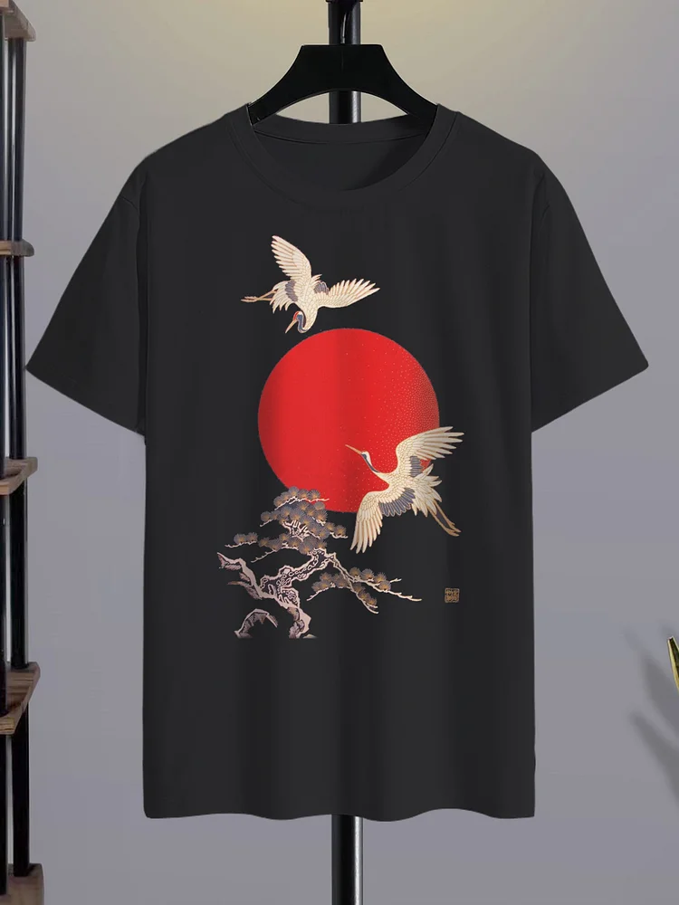 <💯Cotton> Men's Japanese Sunset Crane Art Print Cotton Casual T-Shirt
