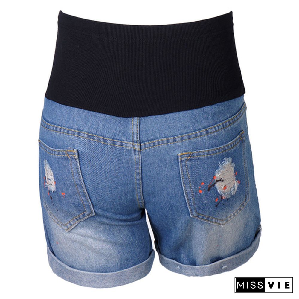 Summer Casual Denim Maternity Patchwork Belly Shorts Ripped Shorts for Pregnant Women