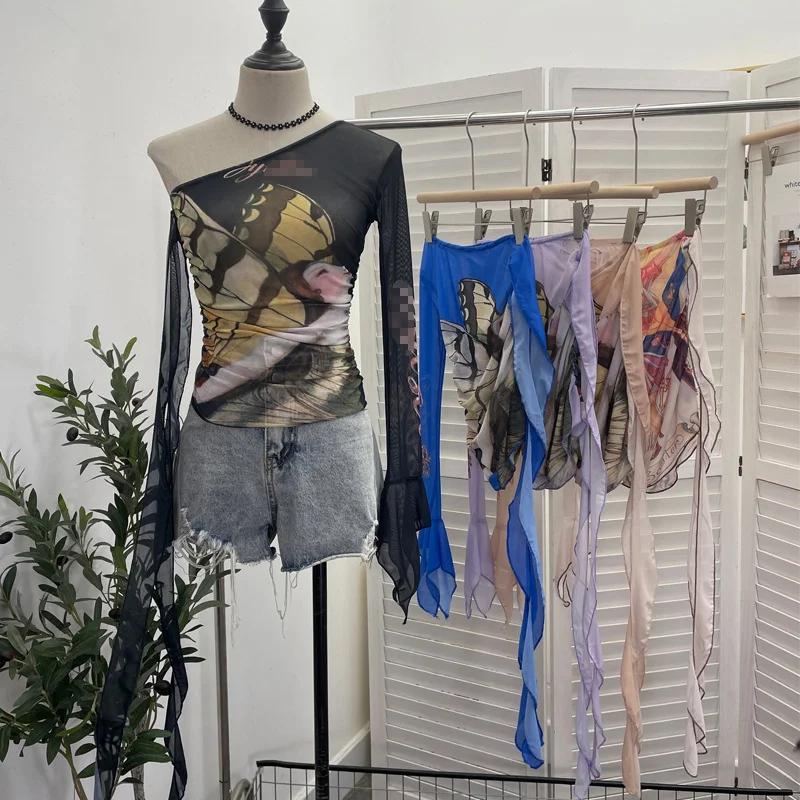 Uveng Design-Sensitive One-Shoulder Horn Long-Sleeved Mesh Yarn-Print T-Shirt With Short Tight Top 9915