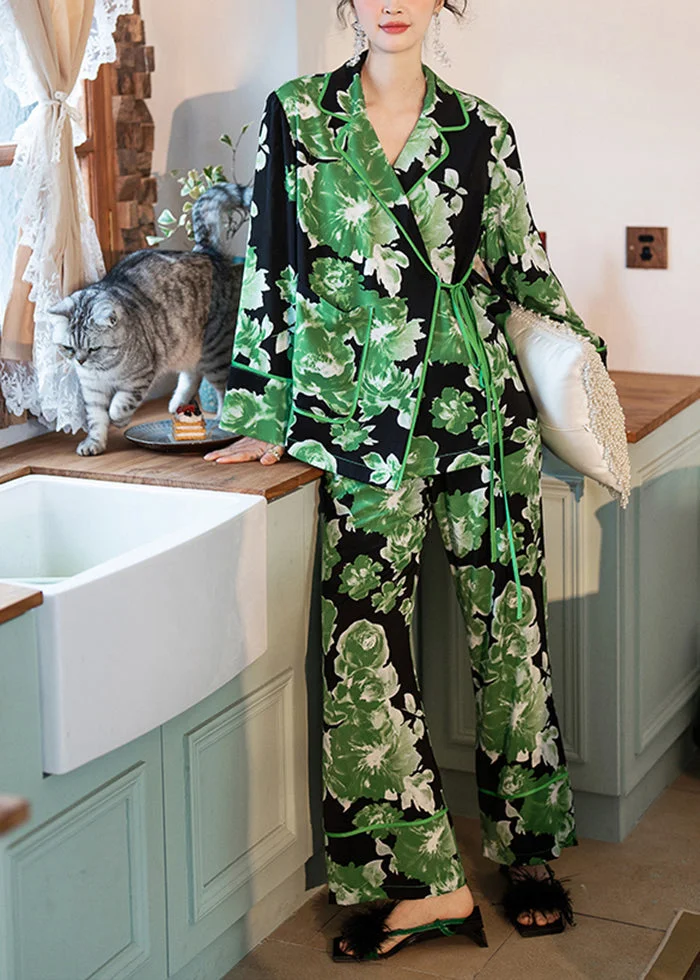 Women Green Print Tie Waist Pocket Ice Silk Pajamas Two Pieces Set Spring