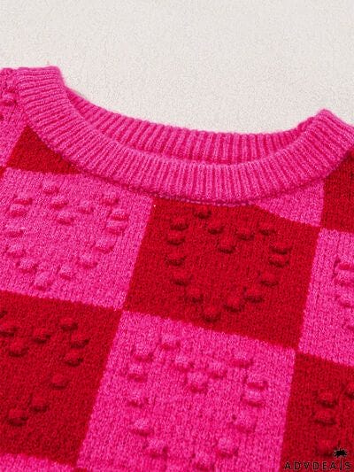 Plaid Heart Round Neck Sweater