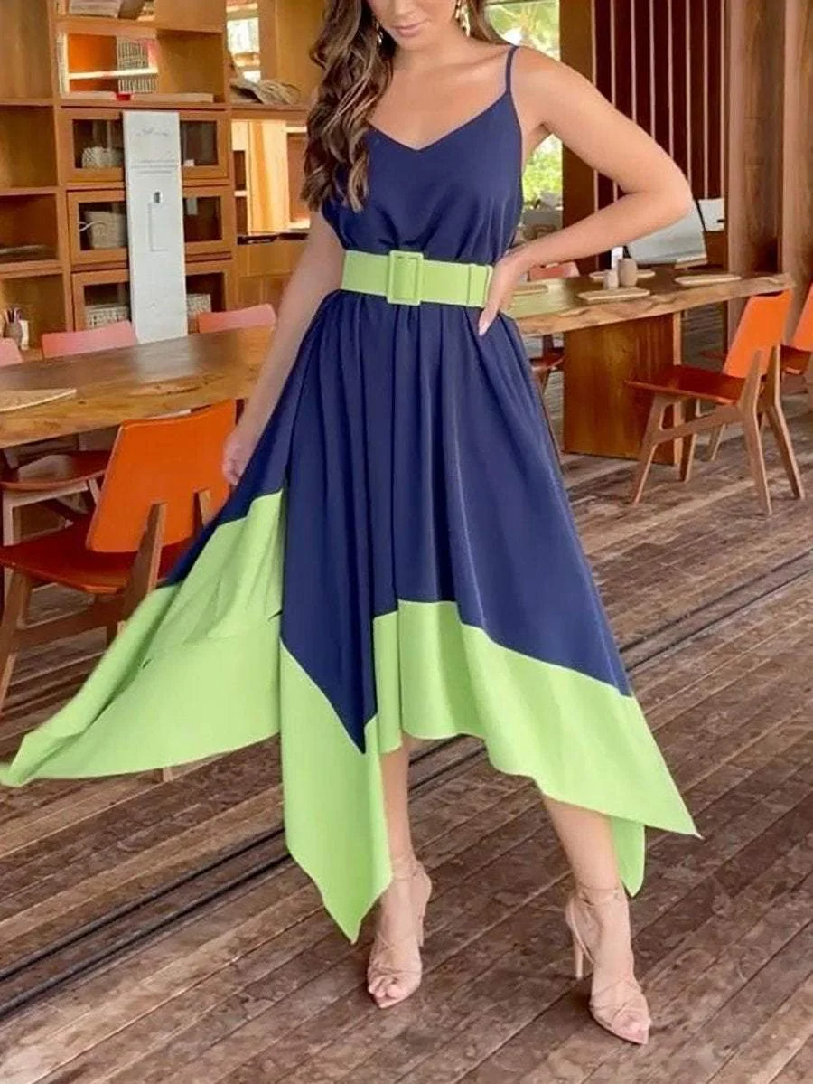 Colorblock slip dress with irregular hem