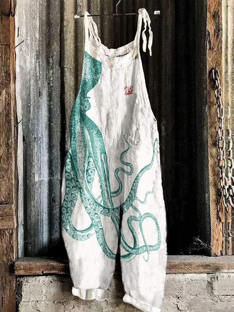 Comstylish Japanese Art Octopus And Crab Print Casual Art Linen Loose Casual Jumpsuit