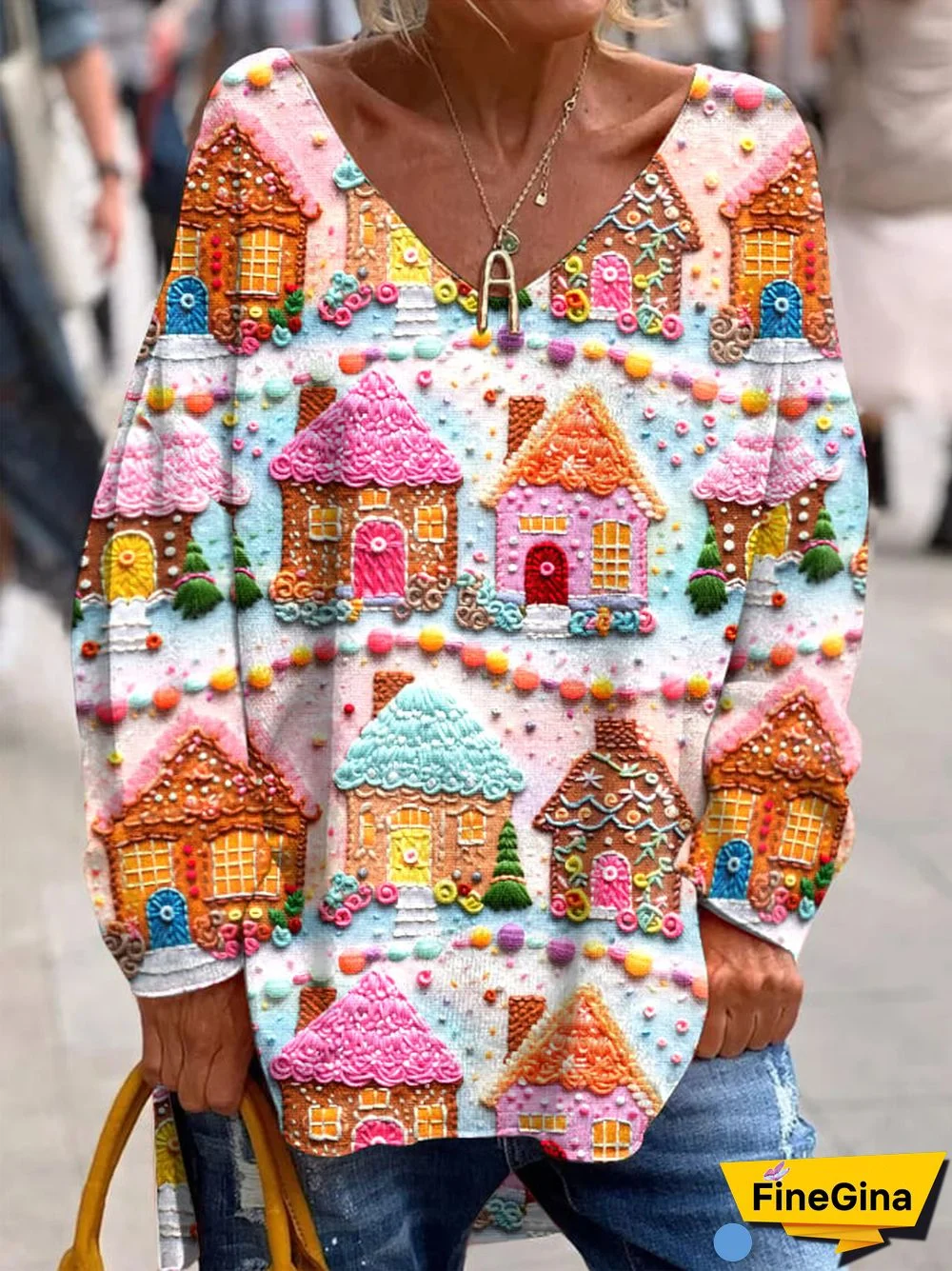 Women's Christmas Gingerbread House Print French Cashmere V-Neck Top