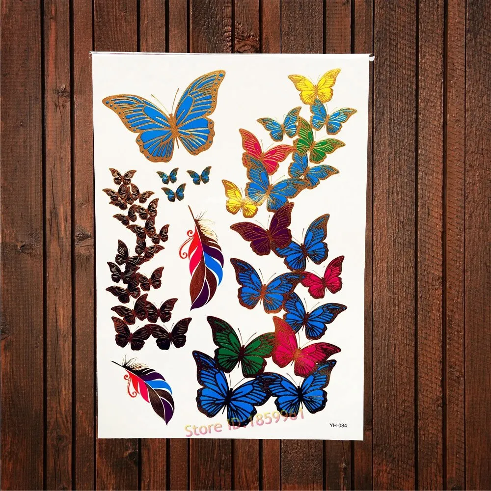 Sdrawing Big Size Gold Flying Butterfly Flash Tattoo Jewel Sticker ACT-199 Henna Bracelet 3D Makeup Butterfly Waterproof Tattoo Women