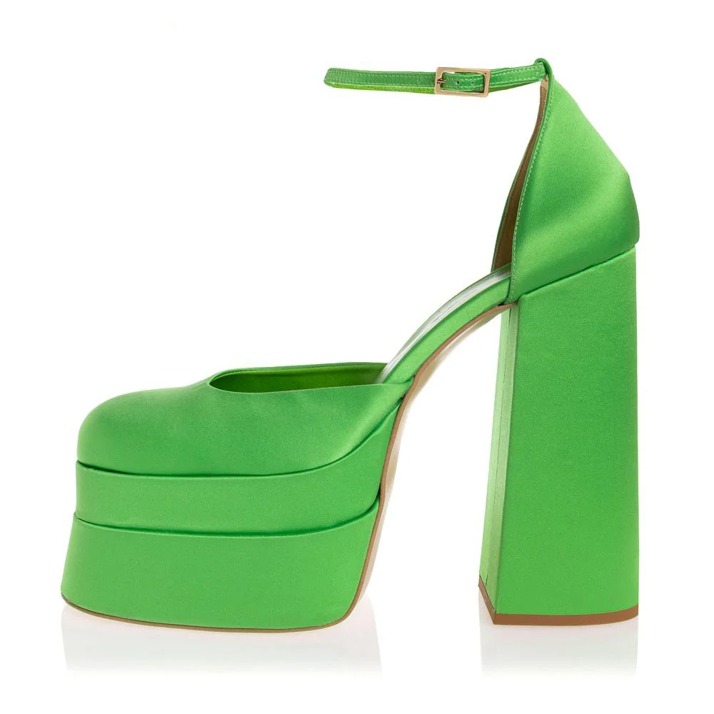 Classic Green Satin Ankle Strap Square Toe Women's Platform Heels