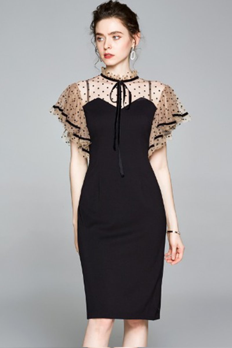1950s Black Elegant Polka Dot Mesh Patchwork Slim Midi Dress