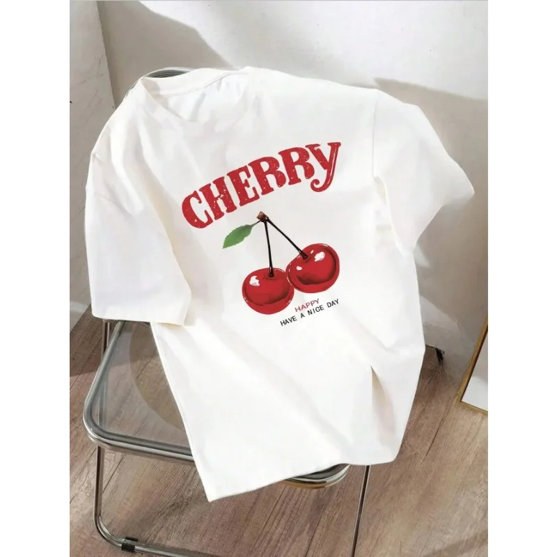 Summer Women Fashion T-Shirt Cherry Print O-Neck Cotton Tops Tees