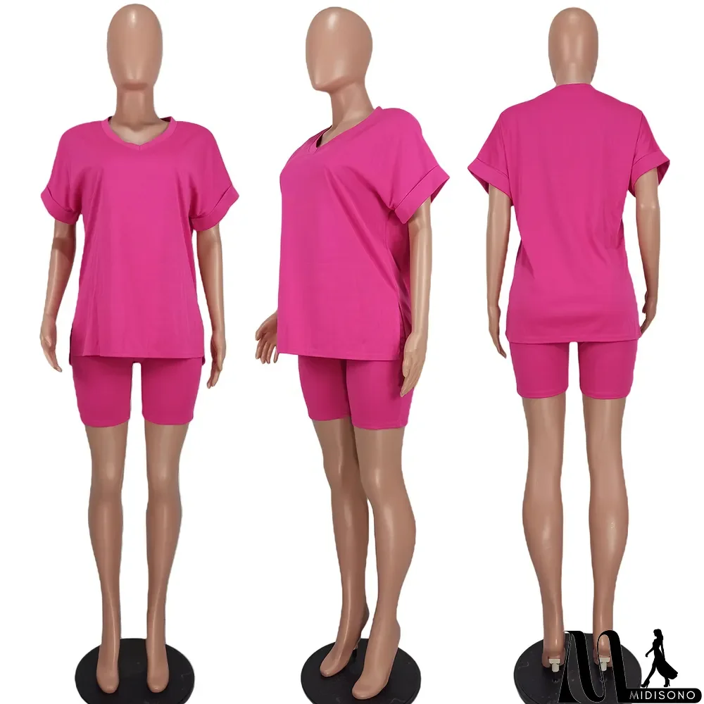 MidiSono - Two-piece Solid Color Slit Casual Shorts