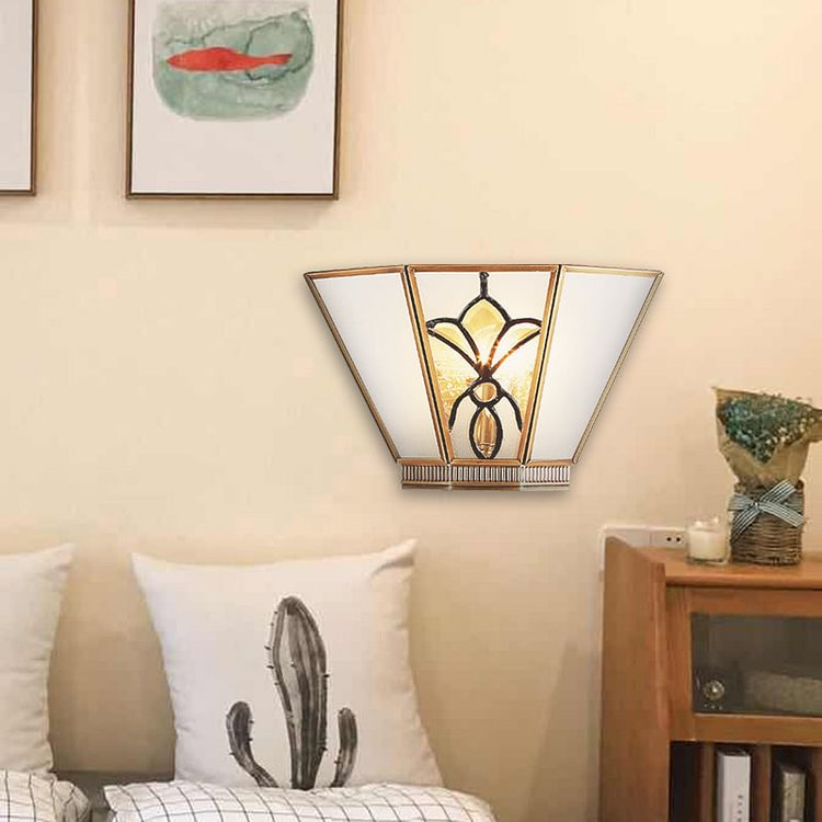 Single Light Trapezoid Sconce Lamp Colonial Opaline Glass Gold Finish Wall Light