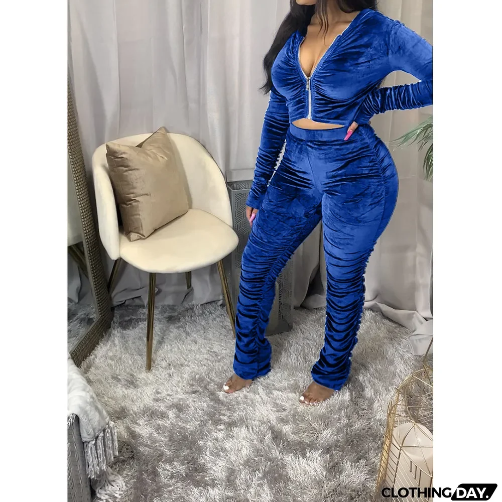 Velvet Pleated Zipper Hooded Jacket Skinny Pants Suit