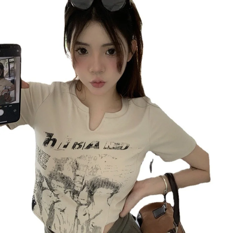 Uveng Uveng Short-Sleeved T-Shirt Women 2024 Summer Irregular Design Sense Pure Desire Hot Girls Short Students On Clothes