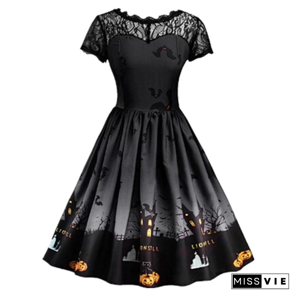 7 Colors Women Fashion Pumpkin Snowflake Print Dress Short Sleeve Lace Dress Christmas Halloween Costume Knee Length Party Dresses