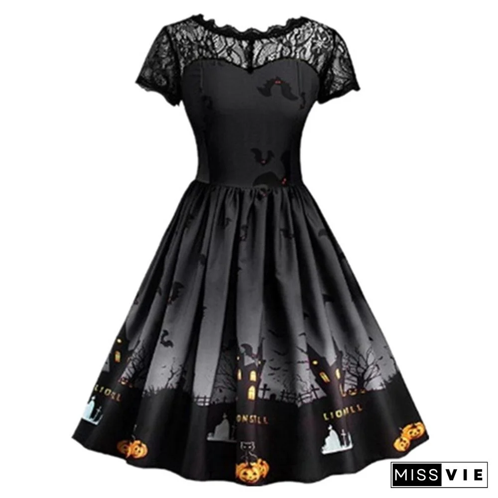 7 Colors Women Fashion Pumpkin Snowflake Print Dress Short Sleeve Lace Dress Christmas Halloween Costume Knee Length Party Dresses