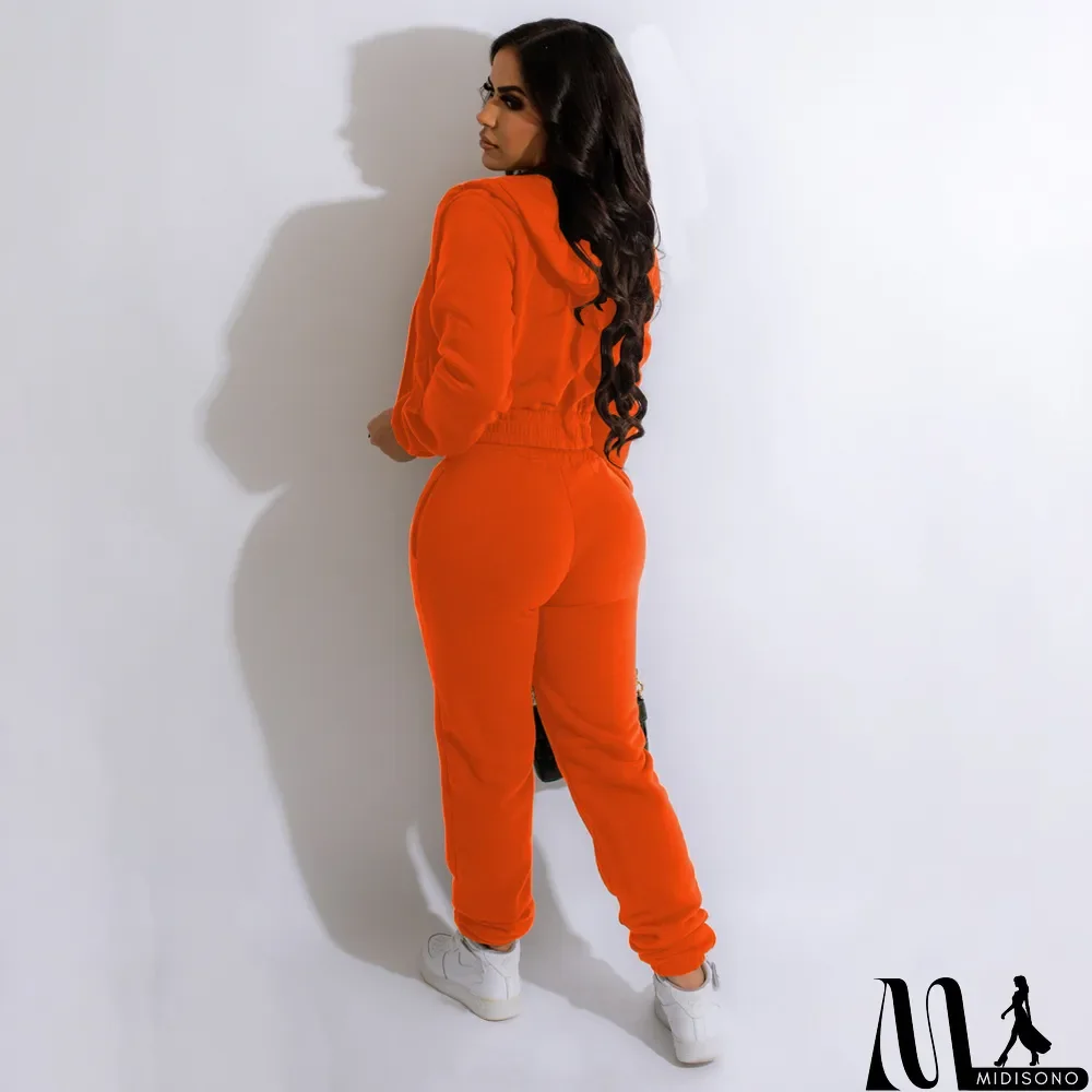 MidiSono - Plush Solid Tank Tops+Hooed Zipper Coat+Pants Sports Three Piece Set