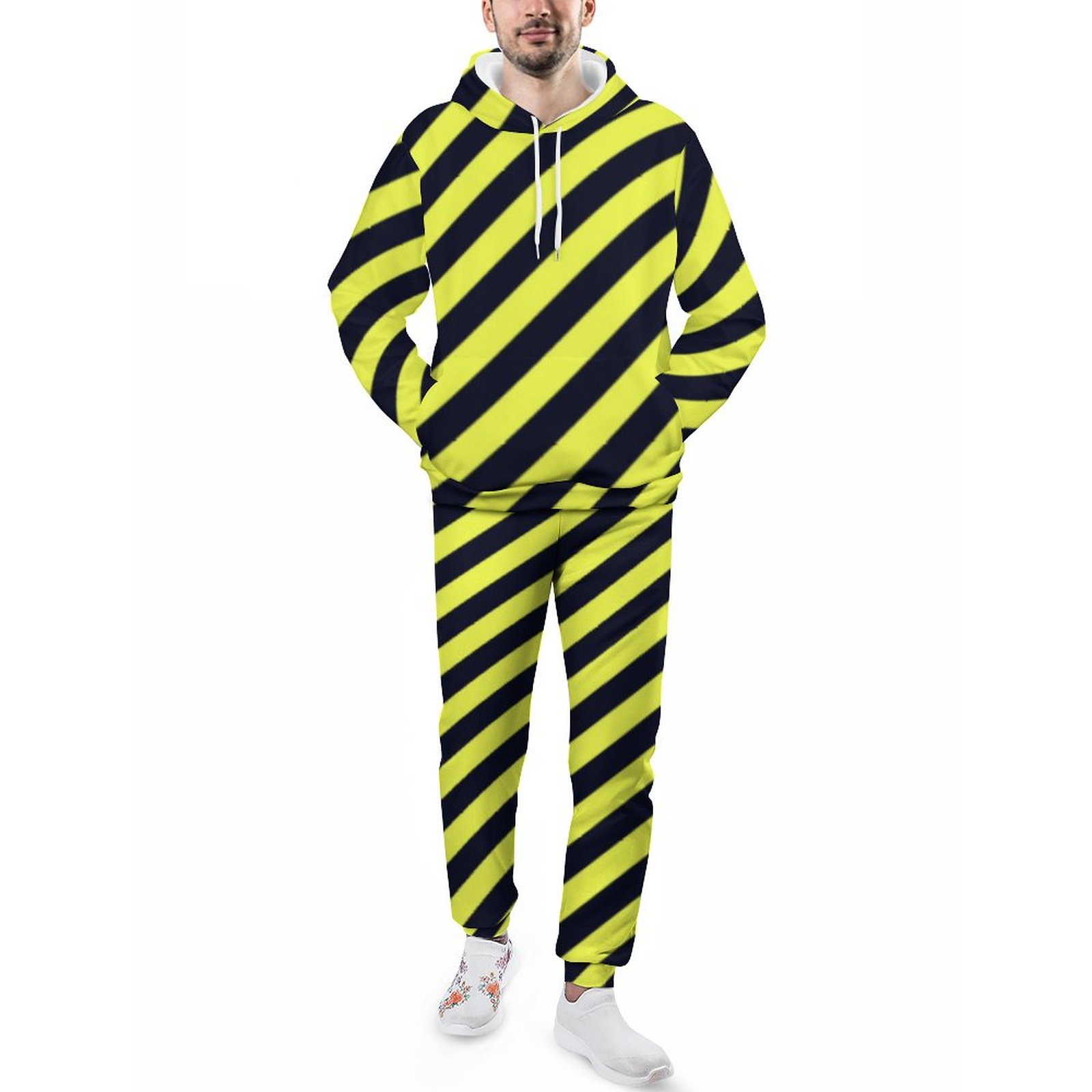 Black And Yellow Diagonal Stripes Men's Tracksuit 2 Piece Hoodie Sweatsuit Sets Guys Casual Jogging Athletic Suits
