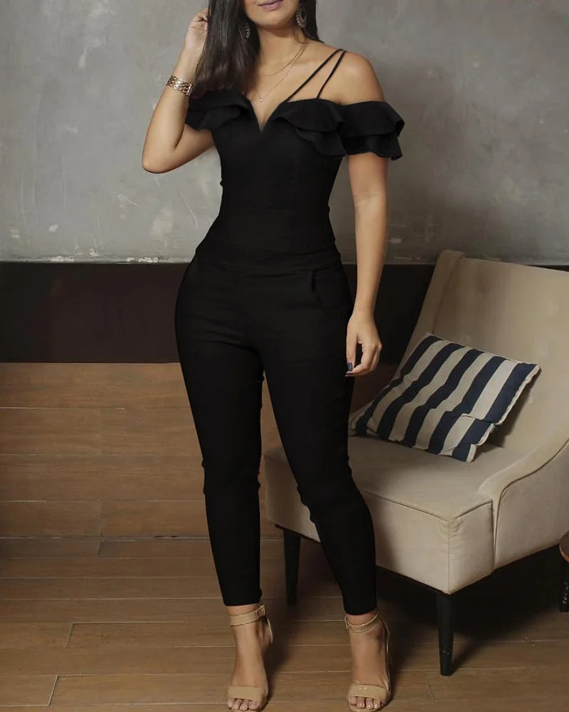 Billlnai  Graduation Party 2023 Autumn Spring Women Fashion Elegant Solid Sleeveless Sexy Party Jumpsuits Female Spaghetti Strap V-Cut Ruffles Jumpsuits