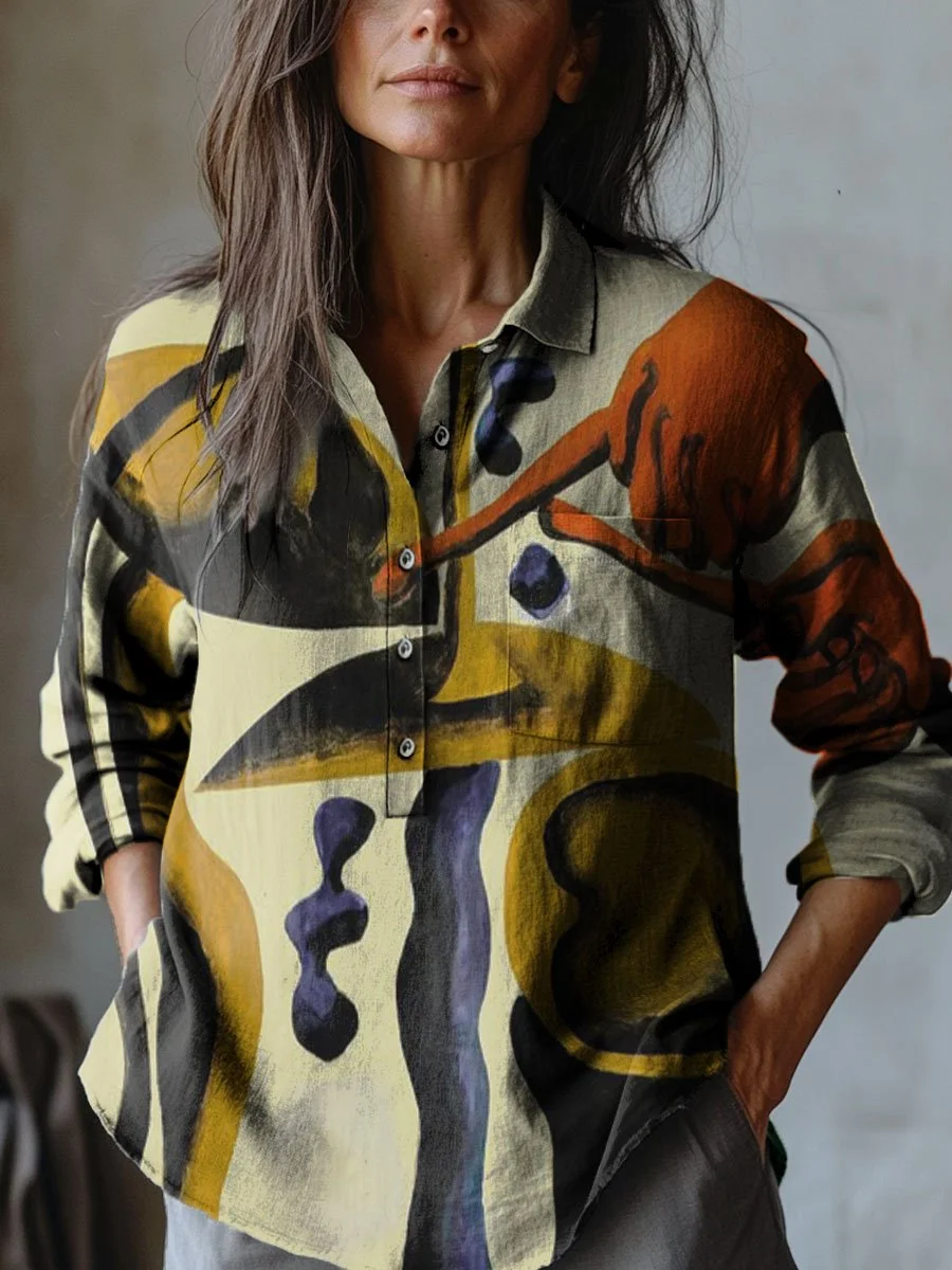 Women's Abstract Finger Drumming Art Print Casual Cotton And Linen Shirt
