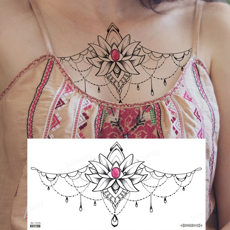 Sdrawing Henna Mandala Chest Temporary Tattoos For Women Underboob Adult Butterfly Turtle Lion Fake Tattoo Sexy Waterproof Tatoos