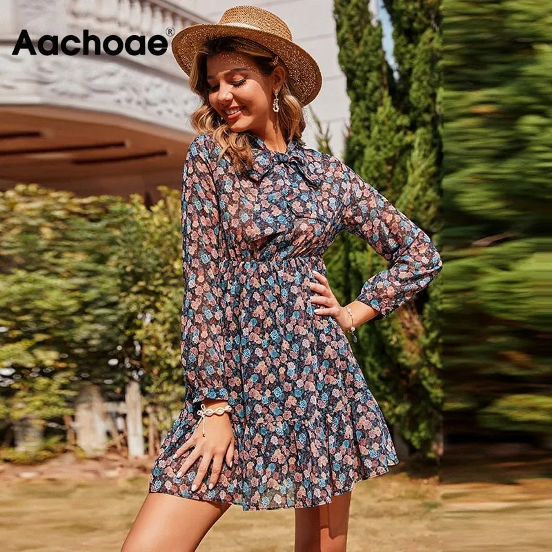 Aachoae Women's Floral Dress Bow Tie Neck Vintage Pleated Dress See Through Sleeve Print Mini Dress Casual Sundress Vestidos
