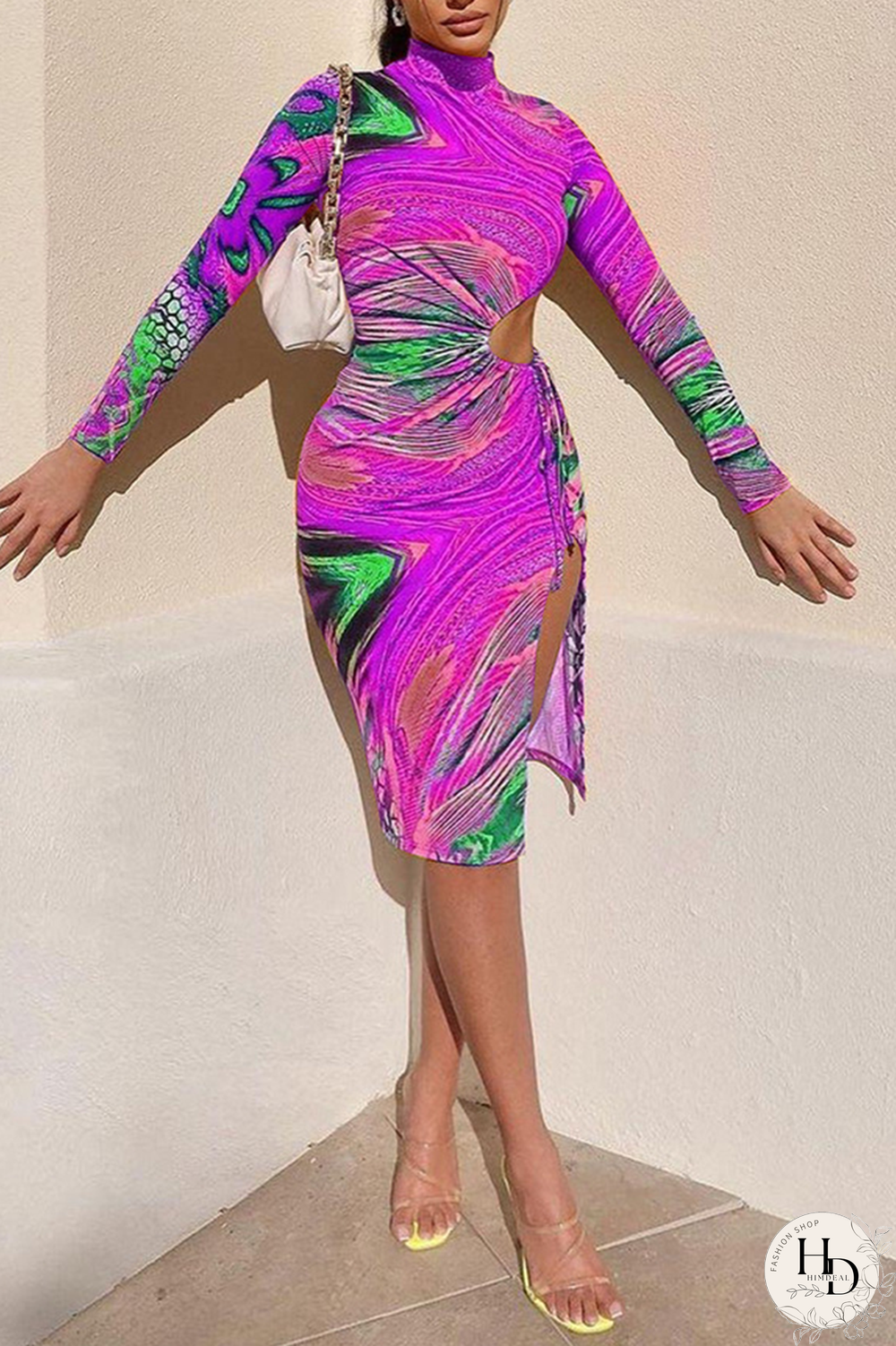 Tangerine Red Sexy Print Hollowed Out Half A Turtleneck Pencil Skirt Dresses