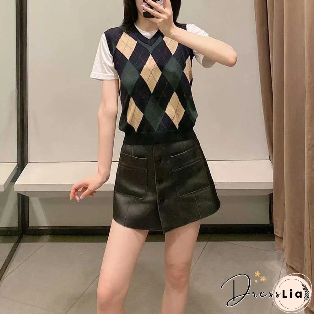 Checkered Cropped Knitted Tank Argyle Sleeveless Jumper