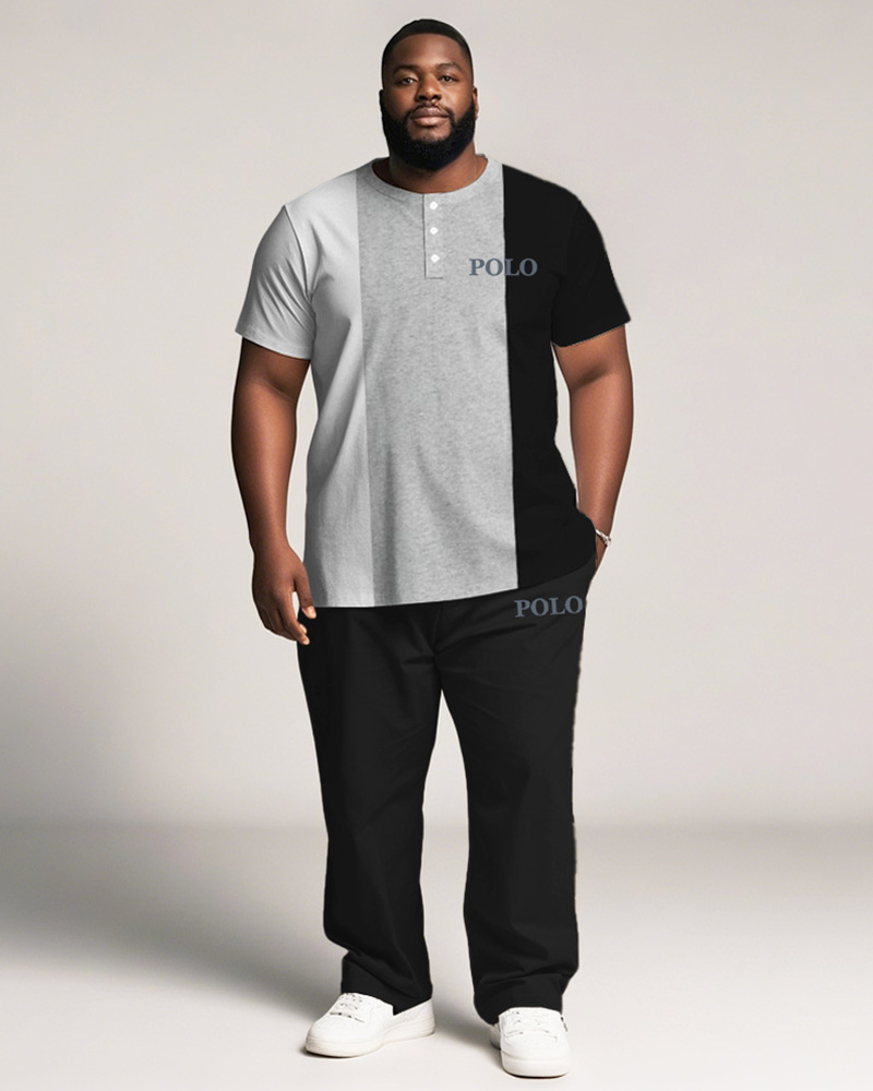 Men's Plus Size Black And White Grey Colorblock Alphabet Print Henry Collar T-Shirt Trousers Suit