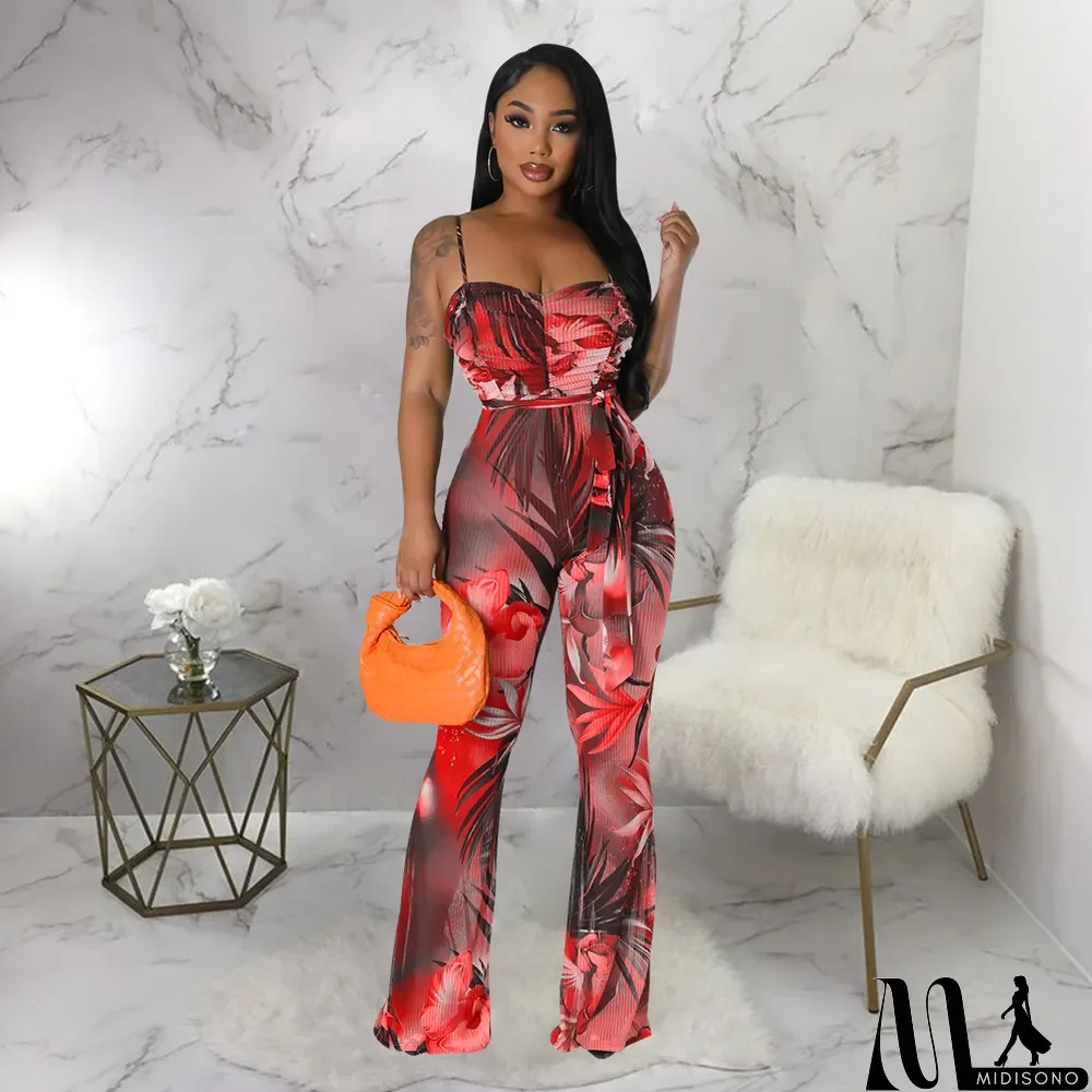 MidiSono - Sexy Print Sling Backless Flare Jumpsuit With Belt