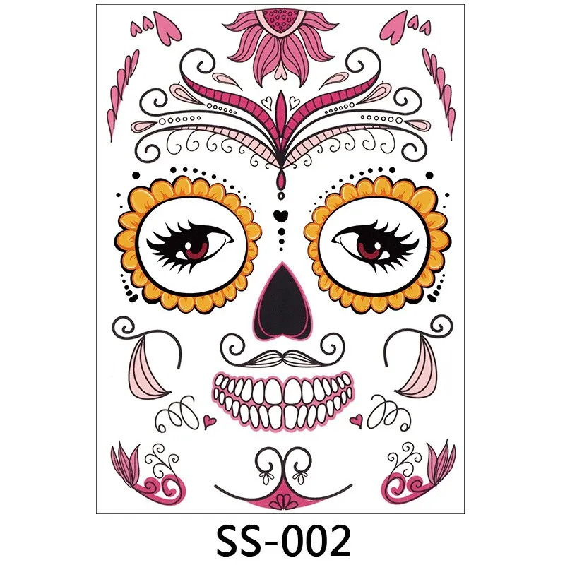 Halloween Temporary Face Tattoos, 1 Sheets Floral Day of the Dead Sugar Skull Face Tattoo Kit Halloween Tattoos