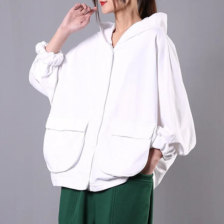 Natural White Cotton Box Top Hooded Batwing Sleeve Daily Spring Top  ( Limited Stock)