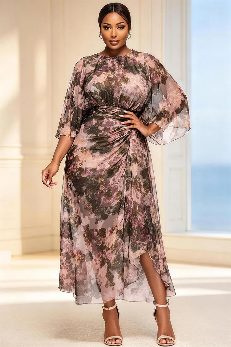 Xpluswear Design Plus Size Cocktail Party Brown Graphic Round Neck Flare Half Sleeve Fold Chiffon Midi Dresses [Pre-Order] 2024 - Xpluswear