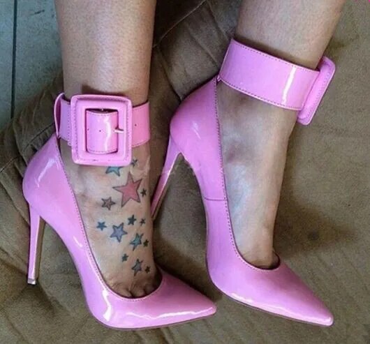 VCSHOES Neon Rose Pink Yellow Ankle Big Square Buckle Pumps Women Pointed Toe Thin High Heels Patent Leather Party Pumps Shoes Women