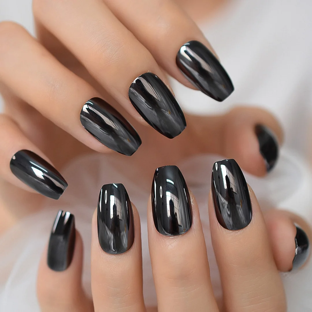 Short Coffin Mirror Black Color Nail With Dsign Gel Tip Decoration Nails False Hand Dummy Stick On Nail Nails Wholesale Charming-Nail Inspo