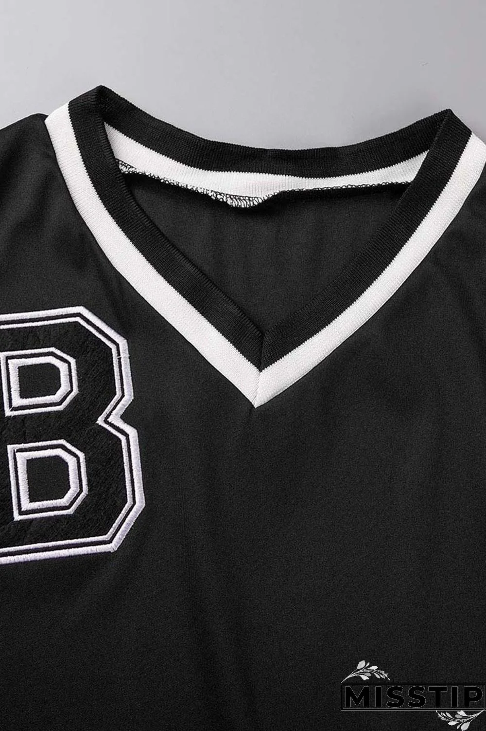 Black Casual Letter Print Patchwork V Neck Short Sleeve Two Pieces